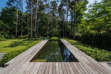 Moderne tuin met zwemvijver in bos