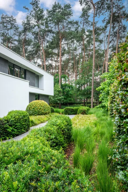 Zijkant moderne villa met groene bostuin