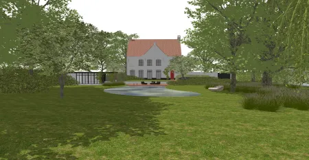 Overzicht landschapstuin aan klassieke villa met zwemvijver