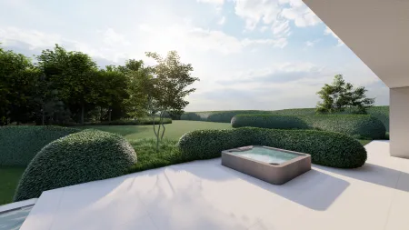 ruim terras aan landschapstuin met wellness