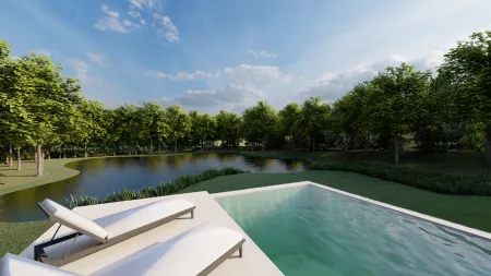 terras met zwembad met zicht op zwemvijver aan moderne villa