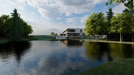 zwemvijver in landschapstuin aan moderne villa met zwembad