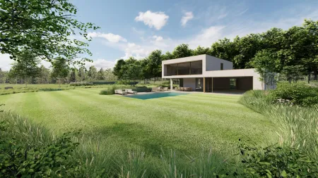 Weids zicht op de villa en het zwembad, omringd door glooiende grasvelden in Herentals.