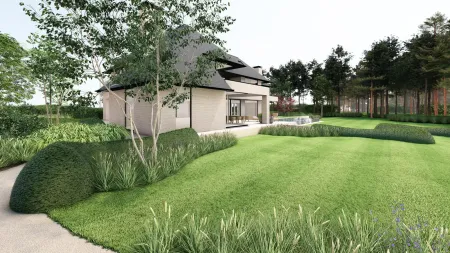 Ruim gazon met ronde buxusbollen en hoge bomen rondom de villa in Bonheiden.