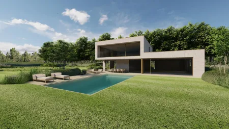 Panoramisch zicht op de moderne villa met zwembad vanuit de open, groene tuin.