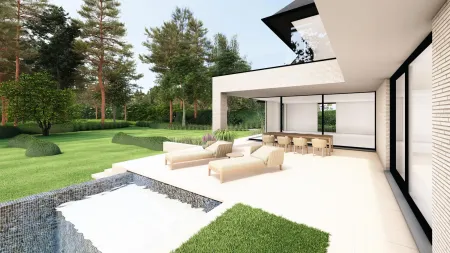 Overdekt terras met loungehoek, direct grenzend aan een strak zwembad in Bonheiden.