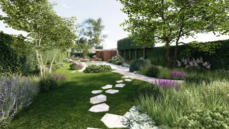 Ontwerp van moderne tuin in Aarschot met natuurstenen zetpad tussen lavendel en jonge bomen