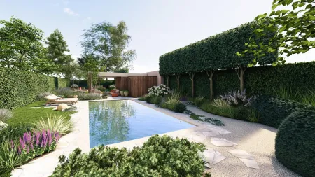 Zwembad met loungebedden langs een strakke haag in het tuinontwerp voor Aarschot