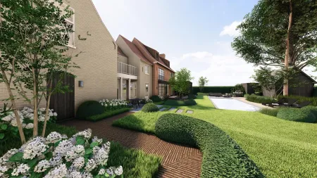 Ontwerp van landschapstuin in Bonheiden met kasseipad tussen glooiend gazon en witte hortensia's