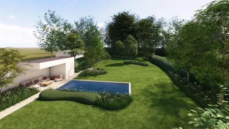 Panoramisch zicht op de villa en het zwembad in Rijmenam, omringd door geschoren hagen.