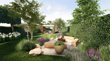 Zithoek met bank en lavendel tegen een groene haag in de moderne tuin te Aarschot