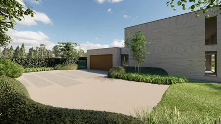 Grindoprit met ronde buxusbollen leidt naar een moderne, strak vormgegeven villa in Herentals.