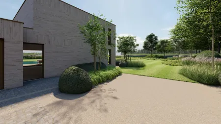 Zijaanzicht van de villa met glimp van het zwembad, omgeven door groene beplanting en boomaanplant.