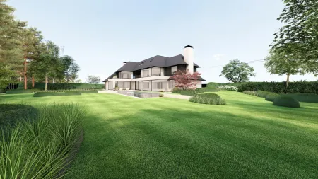 Oprit en gazon tussen hoge dennen leiden naar de klassieke villa in Bonheiden.