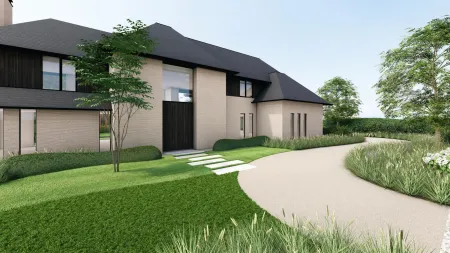 Kronkelend pad tussen siergrassen leidt naar de klassieke villa, omringd door een ruim gazon in Bonheiden.