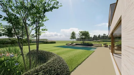 Wandelpad tussen buxusbollen met open zicht op de glooiende tuin en het omliggende landschap.