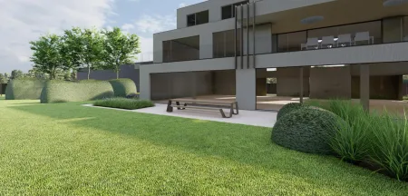 Ontwerp bedrijfstuin met organische vormsnoei en houten zithoek in Sint-Katelijne-Waver