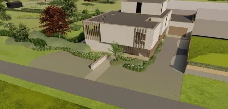 Bedrijfstuin ontwerp met bestrate oprit en organische groenperken, luchtzicht in Sint-Katelijne-Waver