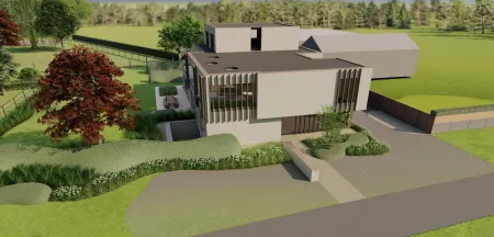 Ontwerp bedrijfstuin met organische vormsnoei en houten zithoek in Sint-Katelijne-Waver