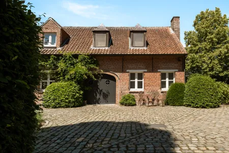 Speels lichtspel van boomschaduwen op het gazon, met een rond siergrasperk in de verte.