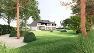 Voorgevel van de villa tussen hoge dennen, met siergrassen en gefilterd zonlicht op het gazon.